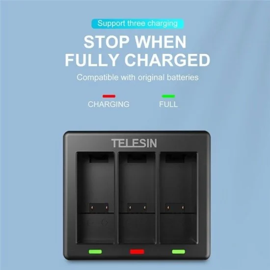 TELESIN 3 Slots Charger with 2 Batteries for GoPro 9/10/11 - Black